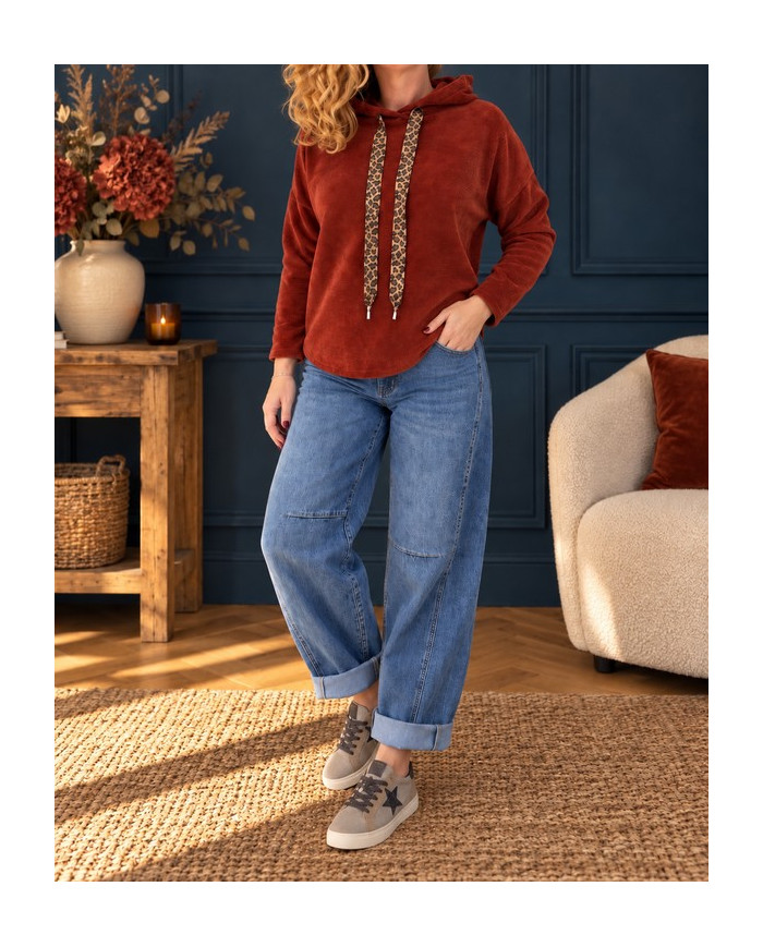 Sweat velours avec capuche rouille terracotta