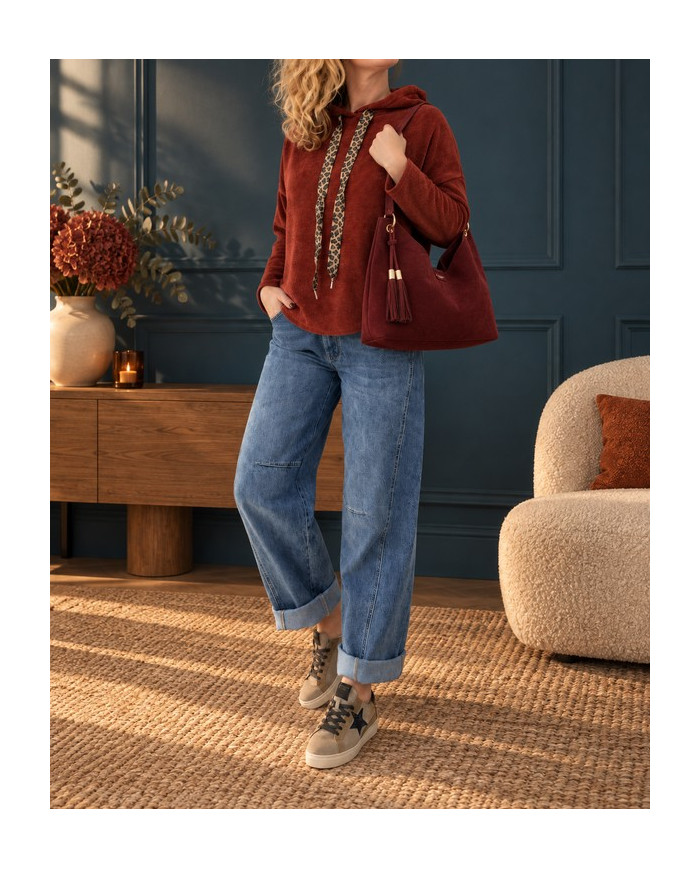 Sweat velours avec capuche rouille terracotta