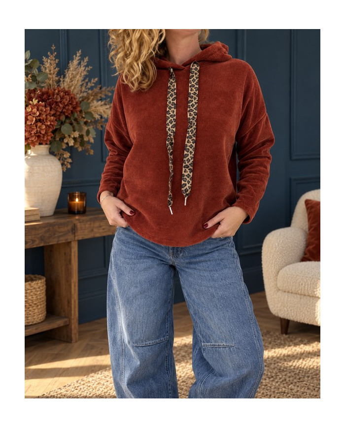 Sweat velours avec capuche rouille terracotta