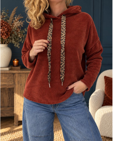Sweat velours avec capuche rouille terracotta