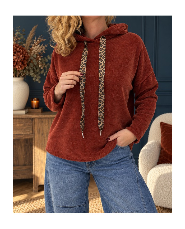 Sweat velours avec capuche rouille terracotta