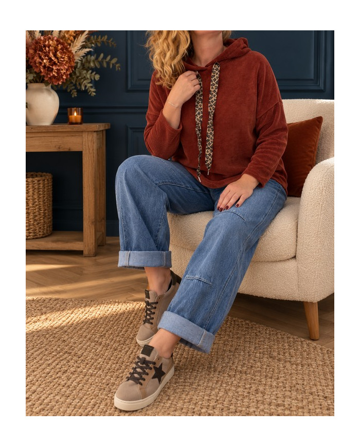 Sweat velours avec capuche rouille terracotta