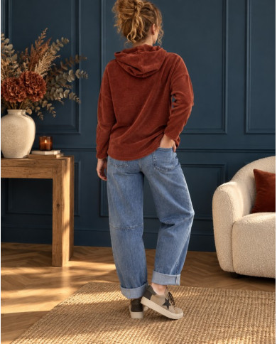 Sweat velours avec capuche rouille terracotta