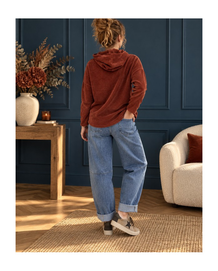 Sweat velours avec capuche rouille terracotta