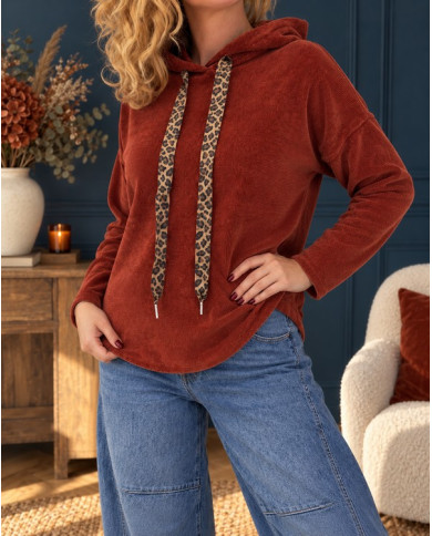 Sweat velours avec capuche rouille terracotta