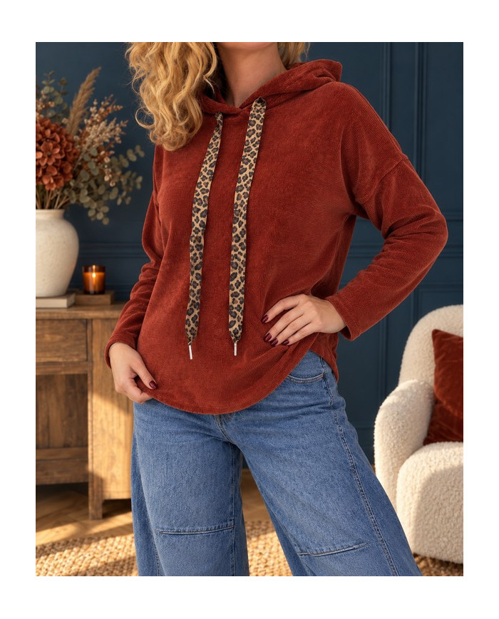 Sweat velours avec capuche rouille terracotta