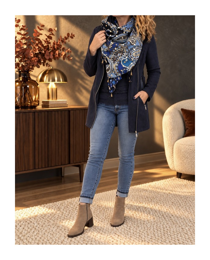 Veste longue en suédine bleu marine