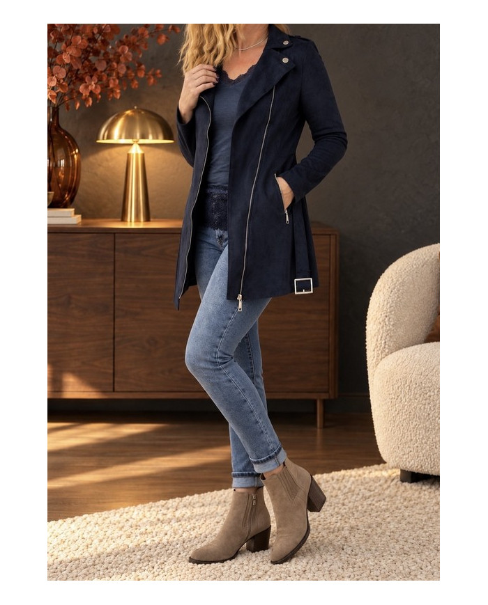 Veste longue en suédine bleu marine
