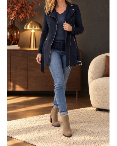 Veste longue en suédine bleu marine