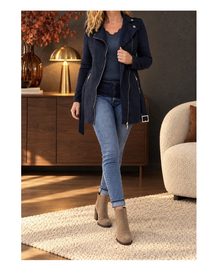 Veste longue en suédine bleu marine