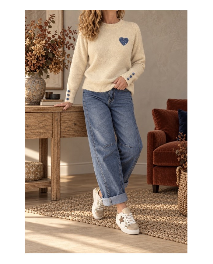 Pull chaud beige & cœur bleu jean