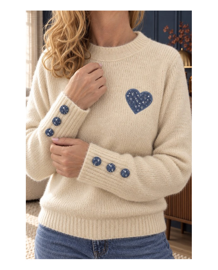 Pull chaud beige & cœur bleu jean