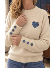 Pull chaud beige & cœur bleu jean