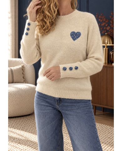 Pull chaud beige & cœur bleu jean