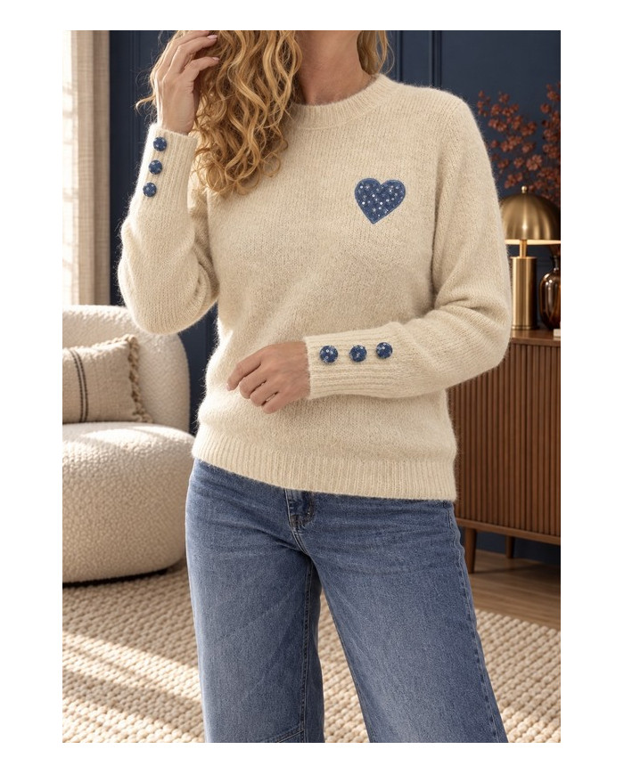 Pull chaud beige & cœur bleu jean