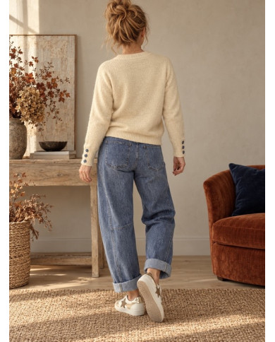 Pull chaud beige & cœur bleu jean