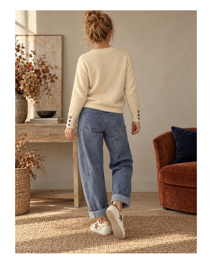 Pull chaud beige & cœur bleu jean