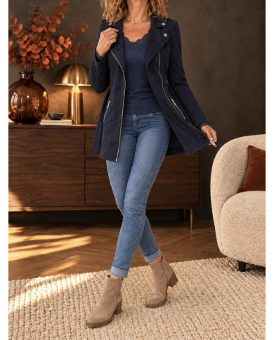 Veste longue en suédine bleu marine