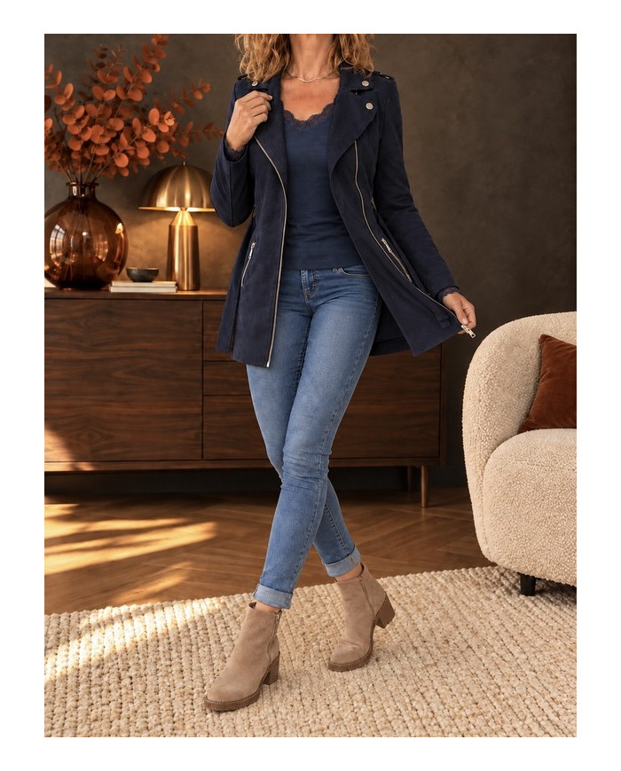 Veste longue en suédine bleu marine