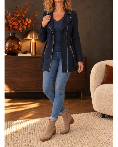 Veste longue en suédine bleu marine