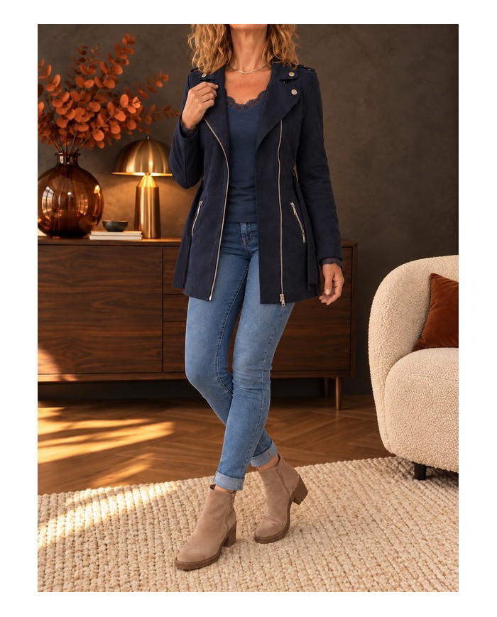 Veste longue en suédine bleu marine