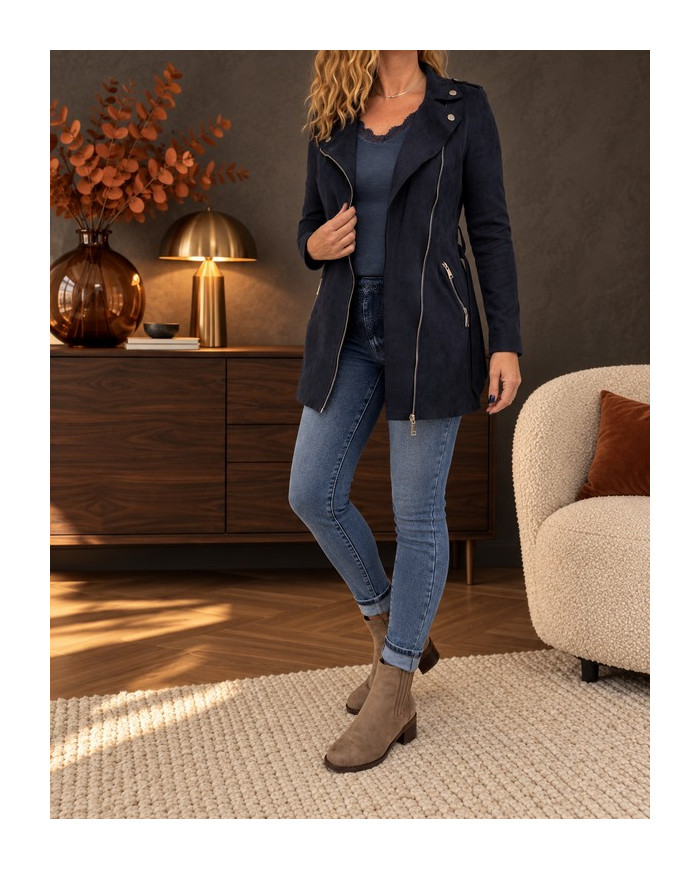 Veste longue en suédine bleu marine