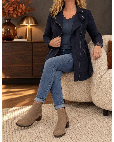 Veste longue en suédine bleu marine