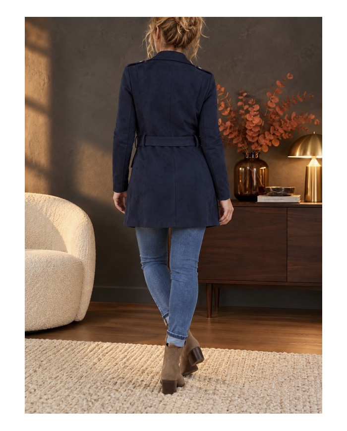 Veste longue en suédine bleu marine