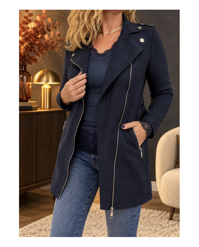 Veste longue en suédine bleu marine