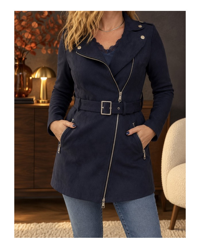 Veste longue en suédine bleu marine