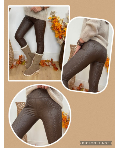 Legging marron chocolat en simili reflet léopard