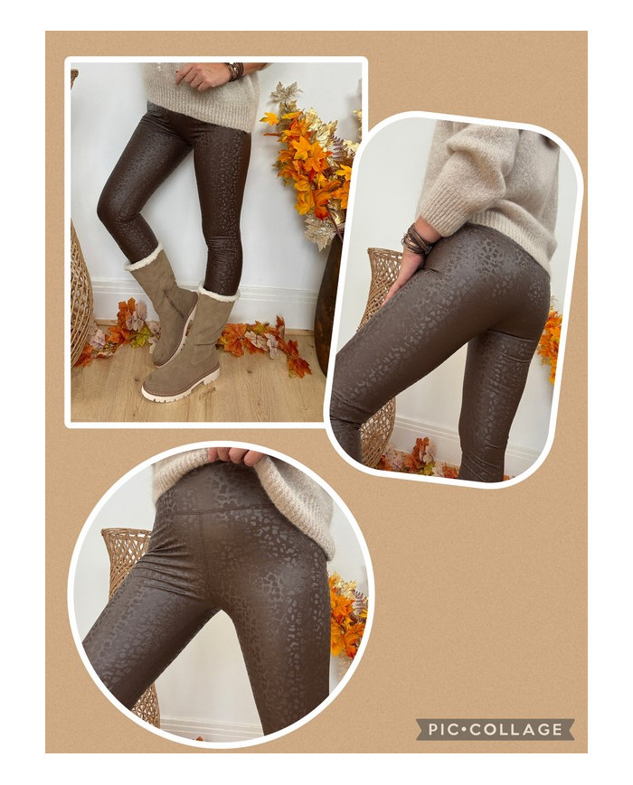 Legging marron chocolat en simili reflet léopard