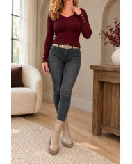 Top en maille bordeaux & boutons dorés Amélie