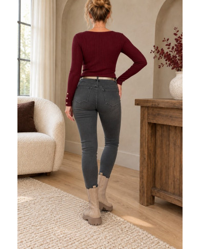 Top en maille bordeaux & boutons dorés Amélie