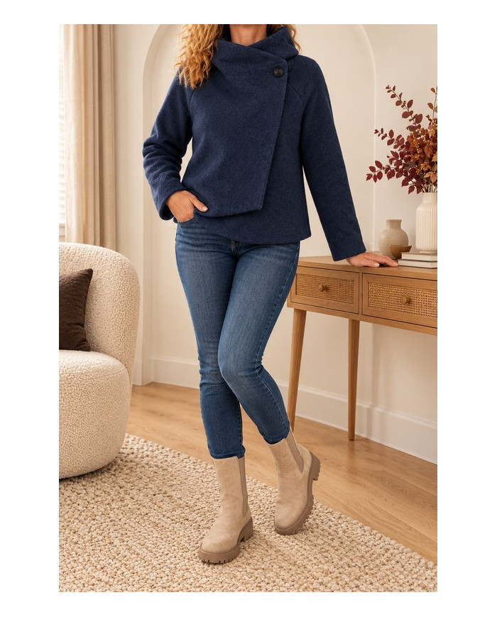 Veste bleu marine à capuche laine bouillie