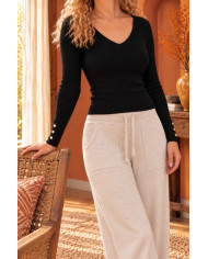 Top en maille noir & boutons dorés Eléa
