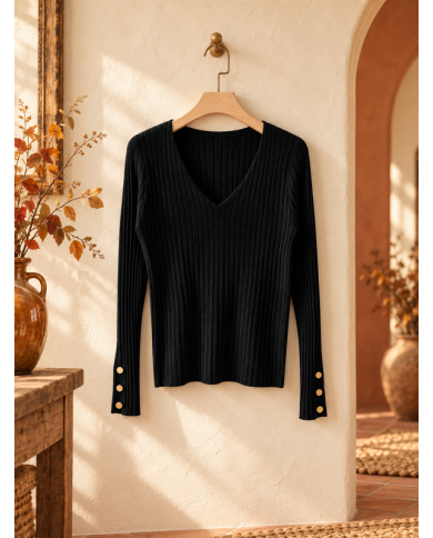 Top en maille noir & boutons dorés Eléa