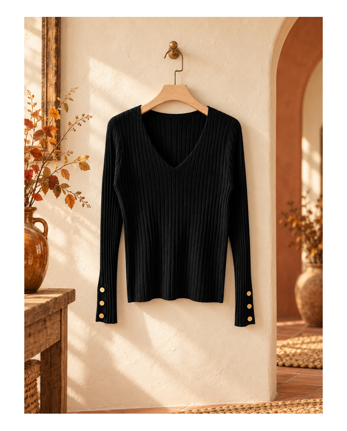 Top en maille noir & boutons dorés Eléa