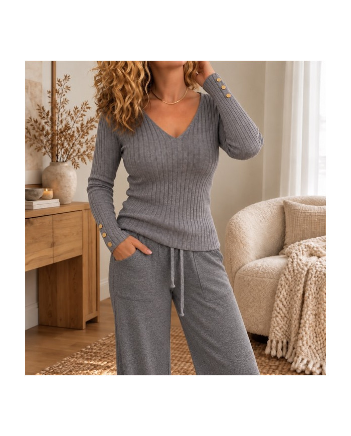 Top en maille gris & boutons dorés Ava
