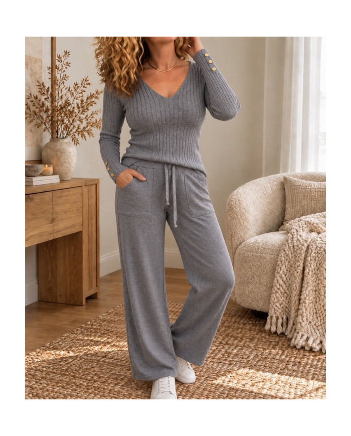 Top en maille gris & boutons dorés Ava