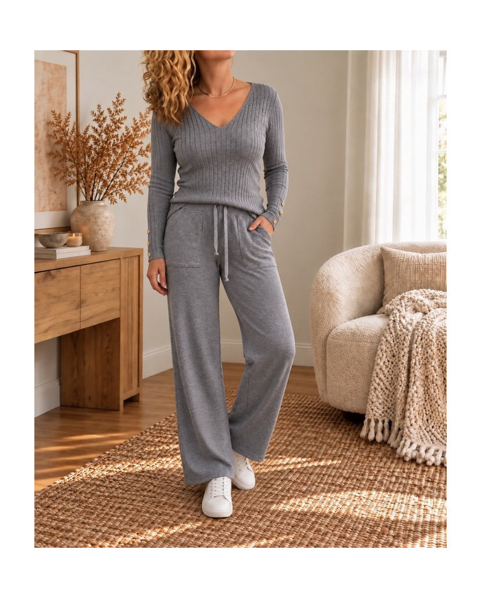 Top en maille gris & boutons dorés Ava