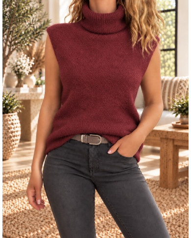 Pull col roulé alpaga sans manches bordeaux