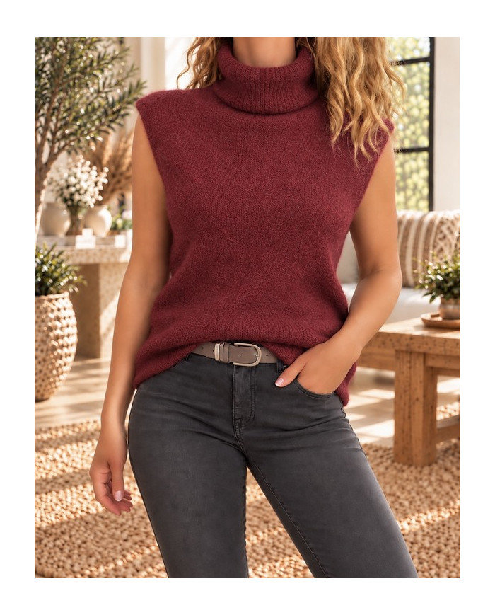 Pull col roulé alpaga sans manches bordeaux