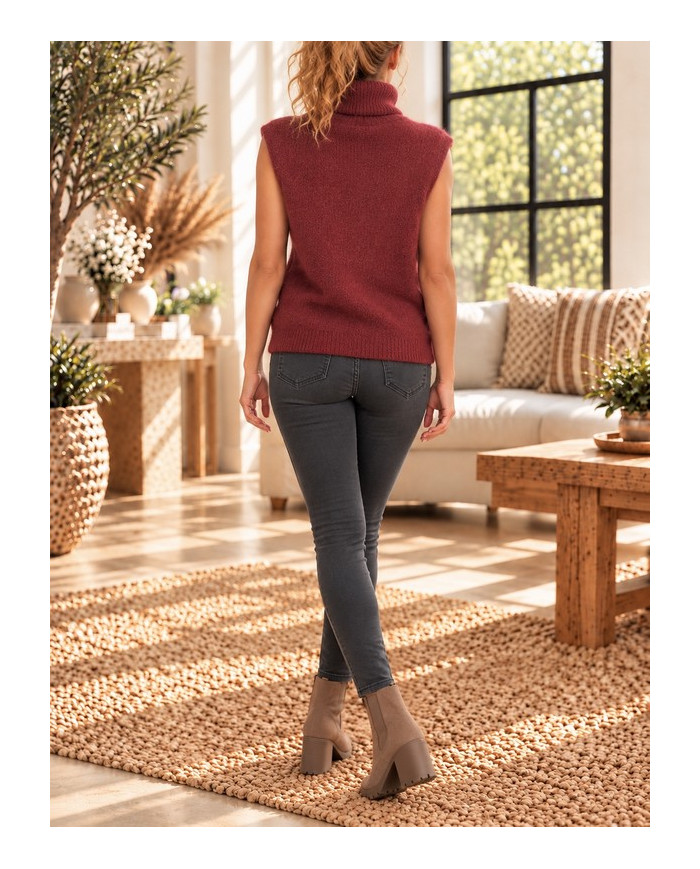 Pull col roulé alpaga sans manches bordeaux