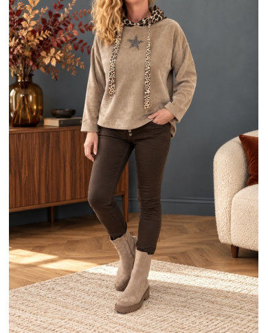Sweat en velours taupe & léopard