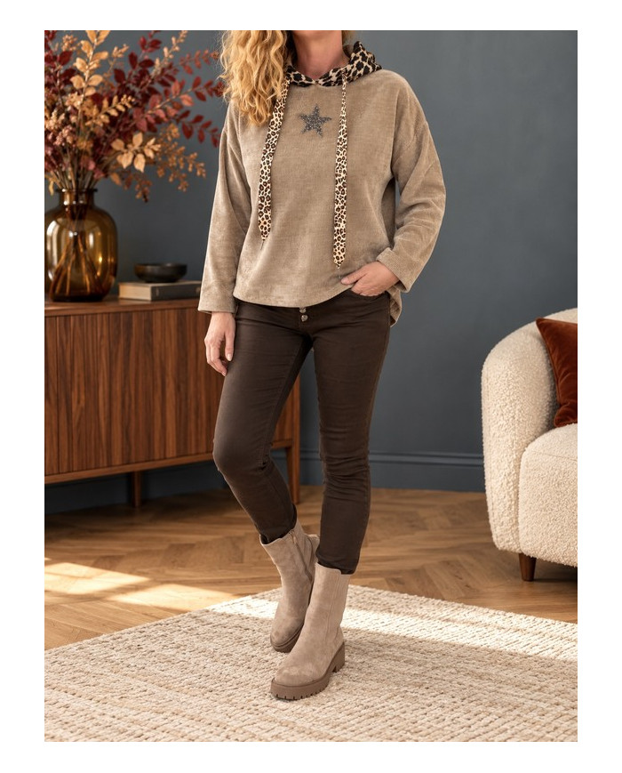 Sweat en velours taupe & léopard