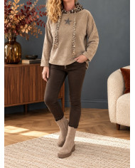 Sweat en velours taupe & léopard