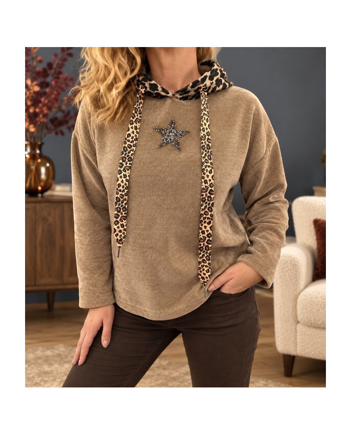 Sweat en velours taupe & léopard