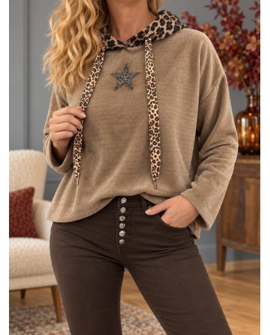Sweat en velours taupe & léopard