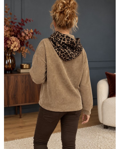 Sweat en velours taupe & léopard